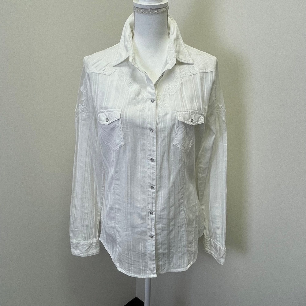 GUESS Y2K White Western Snap Button Lace Mesh Embroidered Shirt Large Grunge